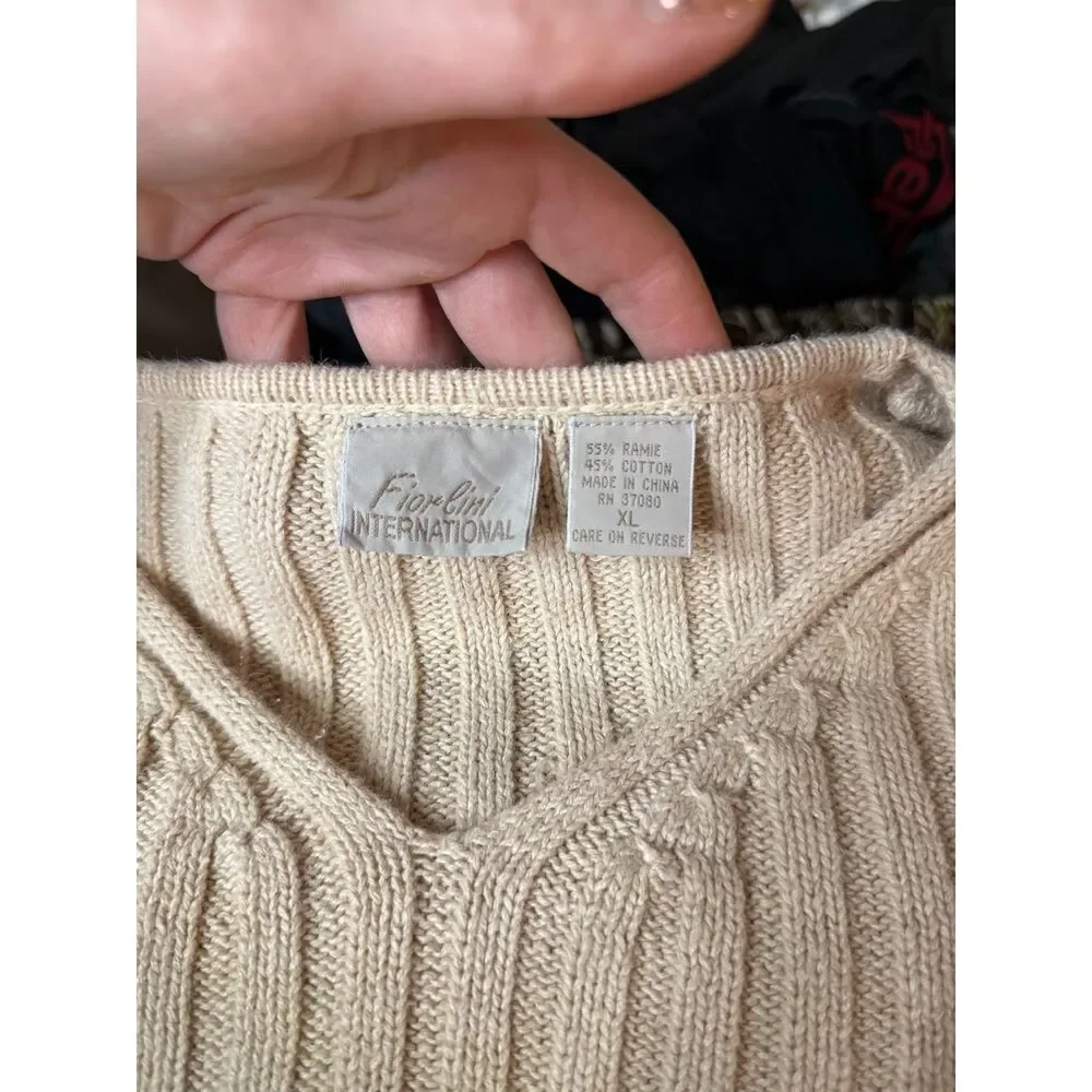 Vintage Y2K Cream Ribbed V Neck Sweater Womens XL Coastal Grandmother Minimalist